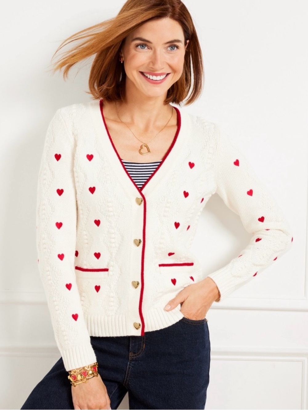 Talbots Argyle Stitch Embroidered Heart Cardigan MP NWT